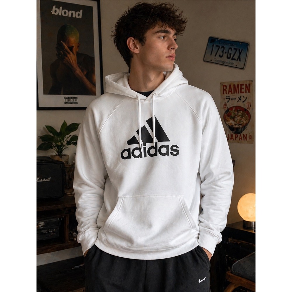 Adidas Mens Badge of Sport Pullover Hoodie White Black Logo Large casual street